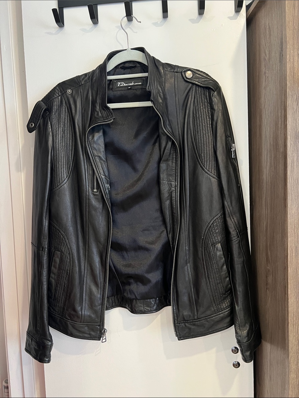 7 Diamonds Black Leather Bomber Jacket
